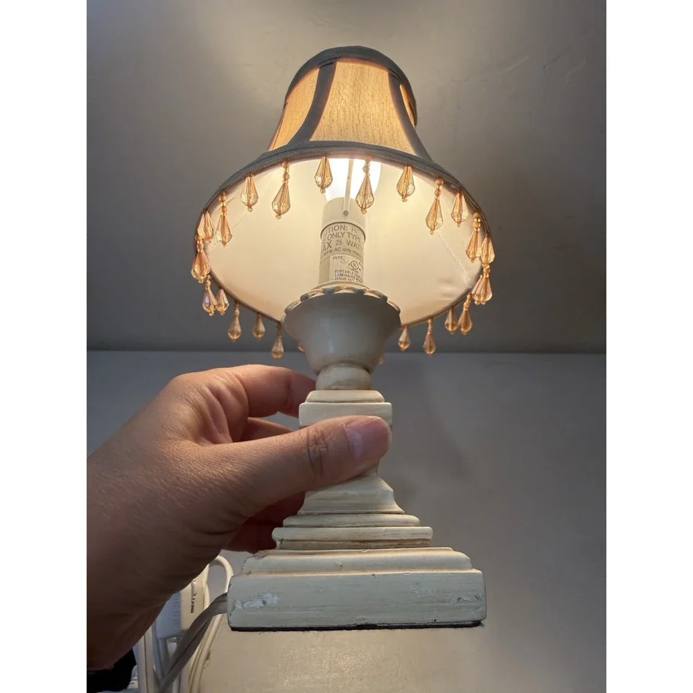 Vintage Victorian Fringe Table Lamp Small Cream Beige Resin Base 11